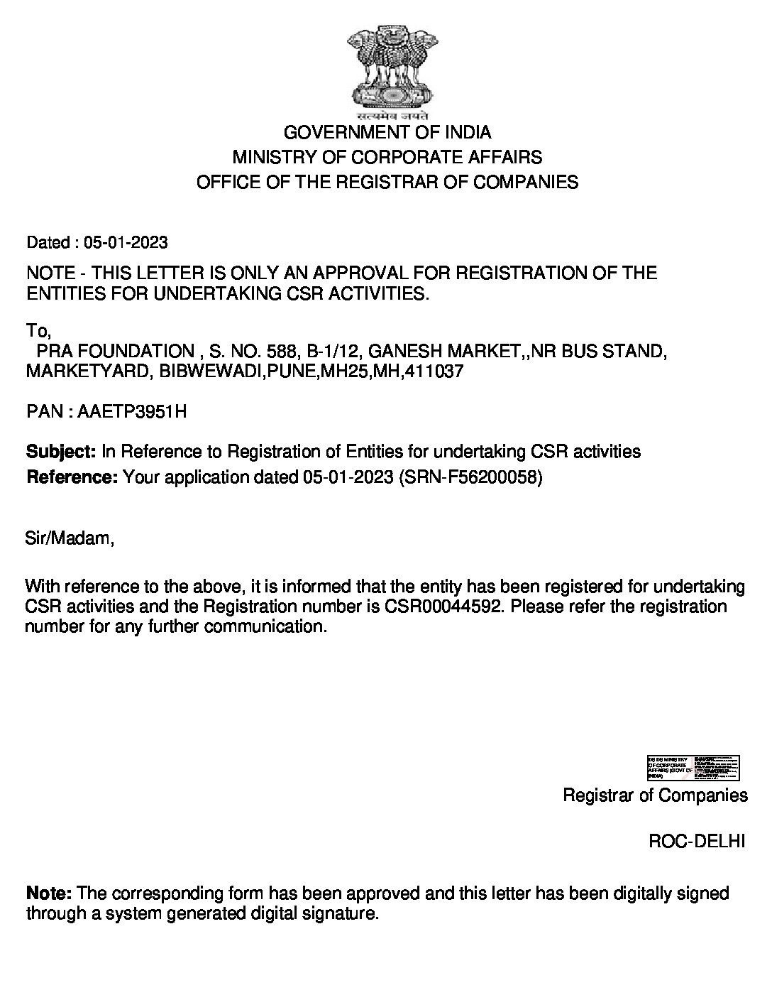 Copy of Approval Letter for form CSR1